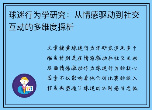 球迷行为学研究：从情感驱动到社交互动的多维度探析