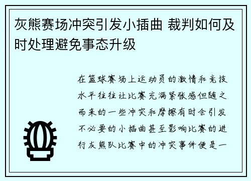 灰熊赛场冲突引发小插曲 裁判如何及时处理避免事态升级 灰熊赛场冲突引发小插曲 裁判如何及时处理避免事态升级